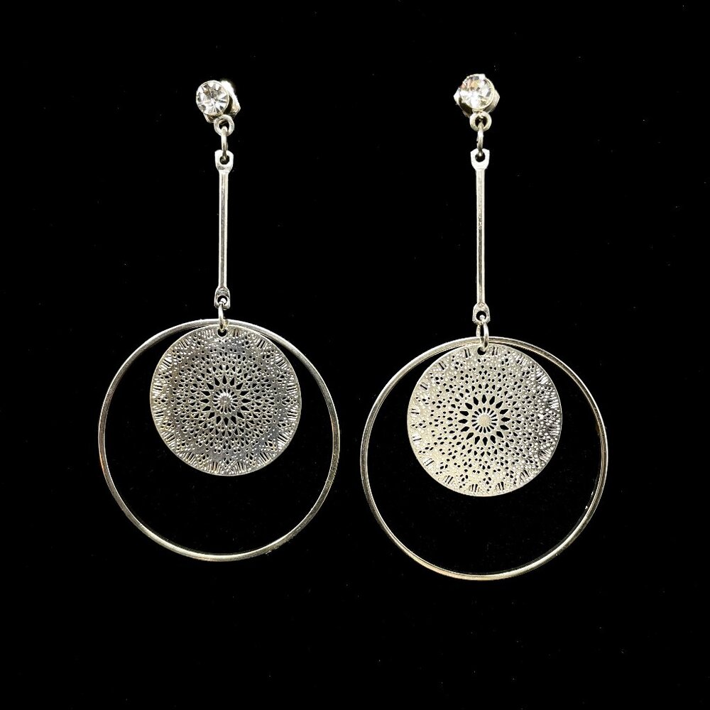 Silver Dangling Intricately Cut Mandala Earrings, NWOT
